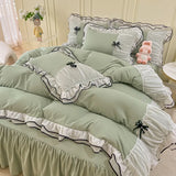 Popxstar Kawaii Seersucker Bedding Set For Girls Princess Bow Ruffle Lace Bed Skirt Skin-Friendly Solid Color Duvet Cover Sets Queen King