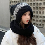Popxstar New Women Winter Warm Beanies Hat Scarf set Breathable Rabbit Hair Blend Knitted Hat Scarf for Women warm lining Caps