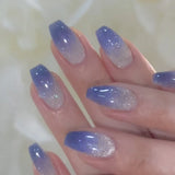 Popxstar 24pcs Romantic Y2k Star Press On Nails Gradient Blue French Style Gold Moon Designs Fake Nail Sweet Almond False Nails For Women