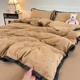 3/4Pcs Bedding Set French Bow Lace Romantic And Cute Girls' Bedroom Bedding Set Queen Bed Sheets Pillowcase Duvet Cover Flat