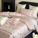 Popxstar  Flowers Embroidery Luxury Bedding Set Egyptian Cotton Single Queen King Size Duvet Cover Flat/Fitted Bed Sheet Pillowcases 3/4Pc