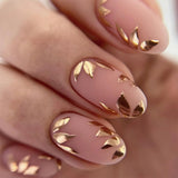 Popxstar  24pcs Nude Oval Fake Nails Press on Golden Leaves Design Full Cover Nail Tips Simple Almond Artificial False Nails Art Wearable