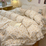 Popxstar  4Pcs Vintage French Fresh Floral Lace Ruffles 100% Cotton Bedding Set Duvet Cover Bed Skirt/Bed Sheet/Fitted Sheet Pillowcases