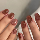 Popxstar 24Pcs Solid Color Green Fake Nails with Jelly Glue Long Almond Press on Nails Cat’s Eye Design Simple Wearable False Nail Tips