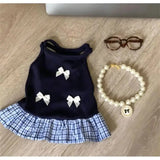 Kitten Navy Plaid Ruffle Hem Camisole Dress White Bow Decor Breathable Light Fabric For Balcony Lawn Leisure