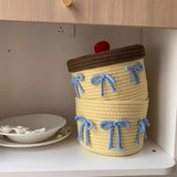 Decorative Cotton Thread Woven Storage Basket Handwoven Round Round Storage Box Yellow With Lid Cotton Thread Basket Shelf