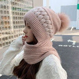 Popxstar New Women Winter Warm Beanies Hat Scarf set Breathable Rabbit Hair Blend Knitted Hat Scarf for Women warm lining Caps
