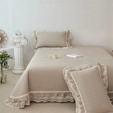 Popxstar  80% Cotton 20% Linen Soft Comfortable Quilted Bedspread, Lace Ruffles Bed Cover, Mattress Topper, Bed Sheet, Pillowcases 3Pcs