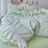 Popxstar Korean Princess Style Lattice Double Layer Lace Bedding Set Soft Quilt Cover Plaid Style Duvet Covers Set Bed Sheet Pillowcases