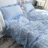 popxstar INS Girl Blue Bedding Sets Solid Color Seersucker Ruffles Lace  Kawaii Soft Sheet Woman Duvet Cover Pillow Covers Quilt Cover