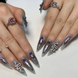 Popxstar 24pcs Silver Almond False Nails Oval Decorated Cloud Milk Wearable Fake Nails Short Press On Nail Coffin Detachable French Tips