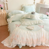 Popxstar  Butterfly Embroidery Lace Ruffles Princess Bedding Set Warm Velvet Duvet Cover Bed Sheet/Bed Skirt/Fitted Sheet Pillowcases 4Pcs