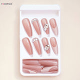 Popxstar  French Fake Nails Stick-on Long Ballet Pink False Nails with Rhinestone Designs Full Cover Acrylic Press on Nails for Women Girl