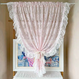 popxstar Korean Romantic Pink Flower Ruffled Lace Small Curtain Pink Tie up Adjustable Sheer Window Drapes For Living Room and Bedroom