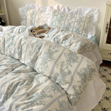 Popxstar Korean Style Princess Floral Washed Cotton Bedding Set Vintage French Pastoral Flowers Lace ruffles  Duvet Cover Set Pillowcase