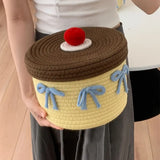 Decorative Cotton Thread Woven Storage Basket Handwoven Round Round Storage Box Yellow With Lid Cotton Thread Basket Shelf
