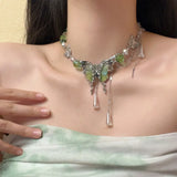 Popxstar  Y2K Hot Girl Green Butterfly Necklace Imitation Crystal Beaded Tassel Collarbone Chain Exquisite Fashionable Neckband Girls Gift