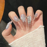 10Pcs Cat Eye Handmade Press on Nails French Coffin Acrylic Nails Dreamy Mermaid Pearl False Nail Romantic Sweet Fake Nails Art