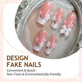 Popxstar  24Pcs White French Tips Fake Nails Nude Pink Almond Press On Nails Charms 3D Flower Designs Sweet Girls Full Cover False Nails