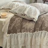 popxstar 4Pcs Vintage French Floral Printing Lace Ruffles Bedding Set 100% Cotton Duvet Cover Flat/Fitted Sheet Pillowcases Home Textile