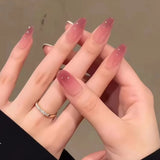 Popxstar 24pcs Brown Gradient Fake Nails Tips Wearable Cat's Eye Almond Press on Nails with Glitter Design Short False Nail Sets Reusable