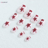 Popxstar  Simple Y2K Press on Nails Nude Color Short Square Head Fake Nails Red Five-pointed Star Designed Women Girls Charms Manicure