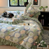 Popxstar  Nordic Bedding Sets 100% Cotton Floral Flat Bed Sheet Set 2 Pillowcases Skin-Friendly Queen King Double Size Bed Linen Set