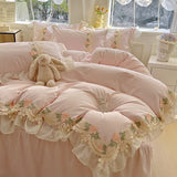 New INS Princess Style Bedding Sets Ruffle Lace Bow Quilt Cover Romantic Bedclothes Woman Girls Bedroom Duvet Cover 4pcs