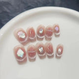 Popxstar  10Pcs Short Handmade Cat Eye Press on Nails French Rhinestone Decoration False Nail Gradient Wearable Full Cover Fake Nail Tips