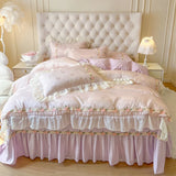 Popxstar  4Pcs Pure Cotton French Flowers Lace Ruffles Princess Wedding Bedding Set Duvet Cover Quilted Bedspread Bed Skirt Pillowcases
