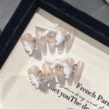Popxstar 10Pcs Reuse Finished Fake Nails with Butterfly Deisgn Pink Cat's Eye French Handmade Press on False Nails Wearable Nail Art Tips