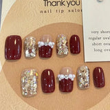 Popxstar  24pcs Wine Red Full Cover Nail Tips Cat's Eye Short Square False Nails with Flower Design Fake Nail Golden Lines Press on Nails