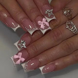 popxstar 24Pcs Pink French Style Fake Nails 3D Bowknot Designs Short Square Press on Nails Sweet Korean Fashion False Nail for Women Girl