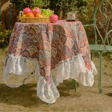 Popxstar  1PC Tablecloth Jacquard Green Flower Camping Outdoor Tablecloth Lace Ruffle Edge Multi-purpose Cover Bedside Table