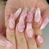 Popxstar 24Pcs Pink Almond False Nails Butterfly Ballet with French Design Wearable Fake Nails Simple Artificial Press on Nails Tips Art