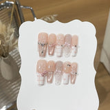 10pcs Creme Lace Bowknot Fake Nails Coffin Handmade Press on Nails French Cat Eye False Nails Sweet Pearl Rhinestone Nail Art