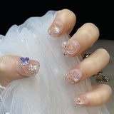 10Pcs Short Square Handmade Press on Nails Butterfly Pearl Fake Nails Rhinestone Grid False Nails Wearable Manicure Acrylic Nail