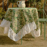 Popxstar  1PC Tablecloth Jacquard Green Flower Camping Outdoor Tablecloth Lace Ruffle Edge Multi-purpose Cover Bedside Table
