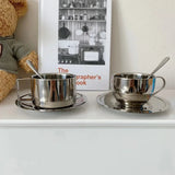 Popxstar 200ml Espresso Cup Saucer Scoop Included Dual Wall 304 Stainless Steel Milk Mug Coffee Cup Mirror Drinkware for Cafeteria