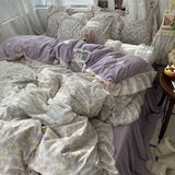 Popxstar 3/4Pcs Korean Princess Style Floral Ruffles Bedding Set Skin-friendly Soft Duvet Cover Set Bed Sheet Or Bed Skirt Pillowcases