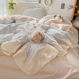 Popxstar Korean Princess Style Bedding Set Soft Skin-friendly Lattice Lace Ruffles Quilt Cover Plaid Style Duvet Covers Set Pillowcases
