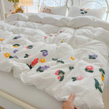 3/4Pcs Bedding Set 3D Floral Embroidered Towel-Stitch Puff-Quilted Red Duvet Cover Muslin Bedding Bed Sheets With Pillowcase