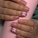 popxstar 24Pcs Pink French Style Fake Nails 3D Bowknot Designs Short Square Press on Nails Sweet Korean Fashion False Nail for Women Girl