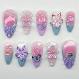 24pcs Red Cat Eye Press on Nails Pearl Heart Stick on Nails Bow French Fake Nails Sweet Cute Flower Nail Almond 3D False Nail
