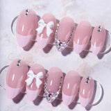 Popxstar Blush Pink False Nails Bowknot Diamond Pearl 3D Design Press on Nail Tips with Harmless Smooth Edge Nails Woman DIY Fake Nails