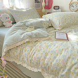 Popxstar  Floral Bedding Set Korean Style Duvet Cover Set Bed Linen Set Flat Sheets Set 2 Pillowcases Single Double Queen Size For Student