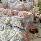 Popxstar 3/4Pcs Korean Princess Style Floral Ruffles Bedding Set Skin-friendly Soft Duvet Cover Set Bed Sheet Or Bed Skirt Pillowcases