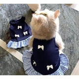 Kitten Navy Plaid Ruffle Hem Camisole Dress White Bow Decor Breathable Light Fabric For Balcony Lawn Leisure