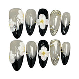 Popxstar  10Pcs Handmade Press On Nails Simple DIY Manicure Almond Black French Tips Fake Nails 3D White Flower Designs False Nails Art