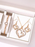 Popxstar prom jewelry 3 Pcs Set Heart Shaped Jewelry Set Of Earrings Pendant Necklace For Women Exquisite Fashion Rhinestone Double Heart Jewelry Set